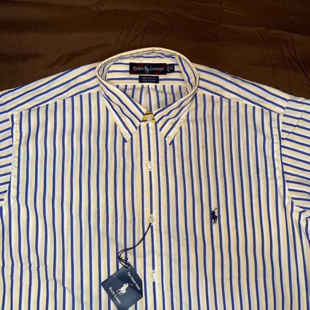 Ralph Lauren Shirt Men’s 16 Button Down 100% Cotton Yellow Blue White Stripe NWT